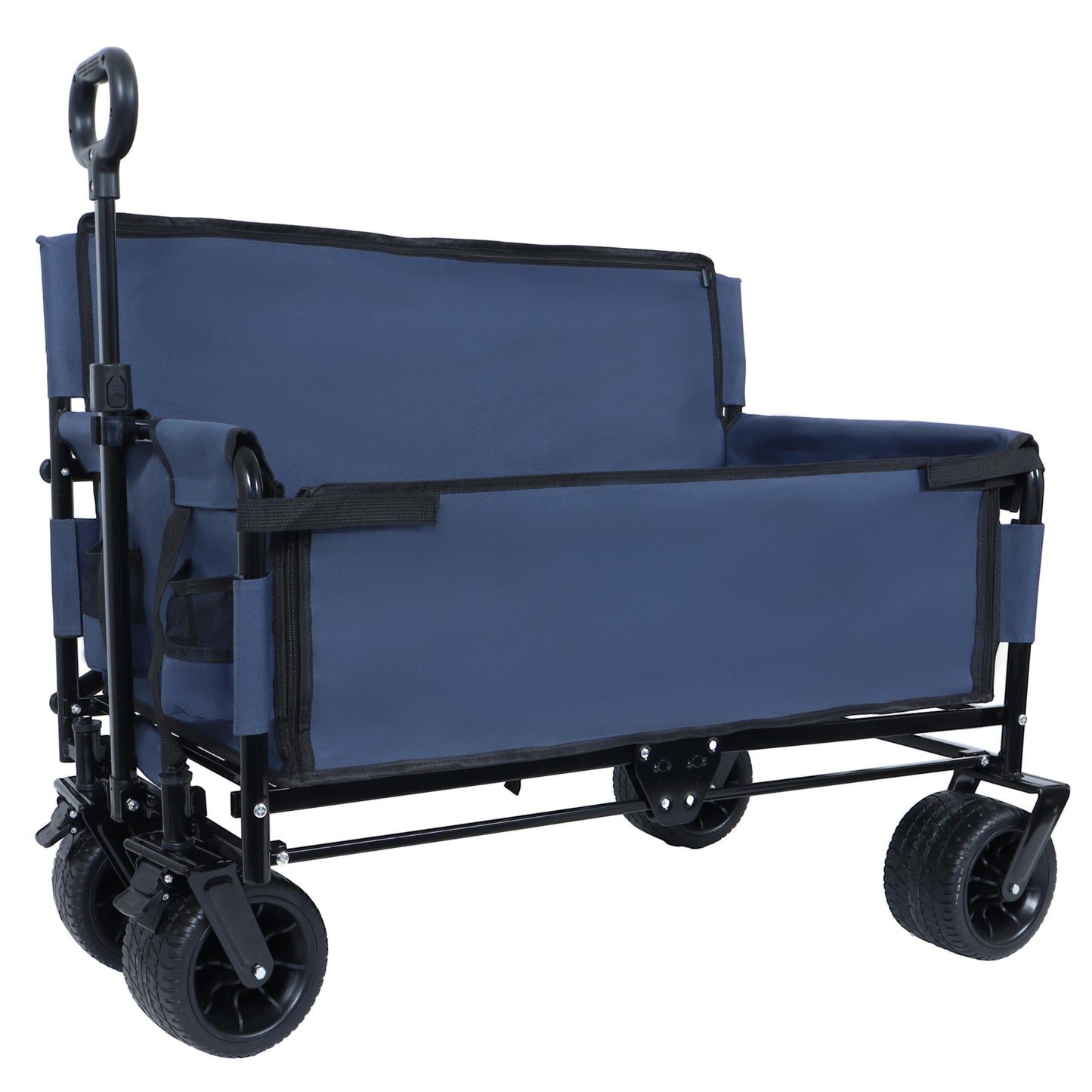 3-in-1 Convertible Folding Wagon Cart with Bench Seat & Storage in blue fabric, four wheels on Tampa Home & Garden Store
