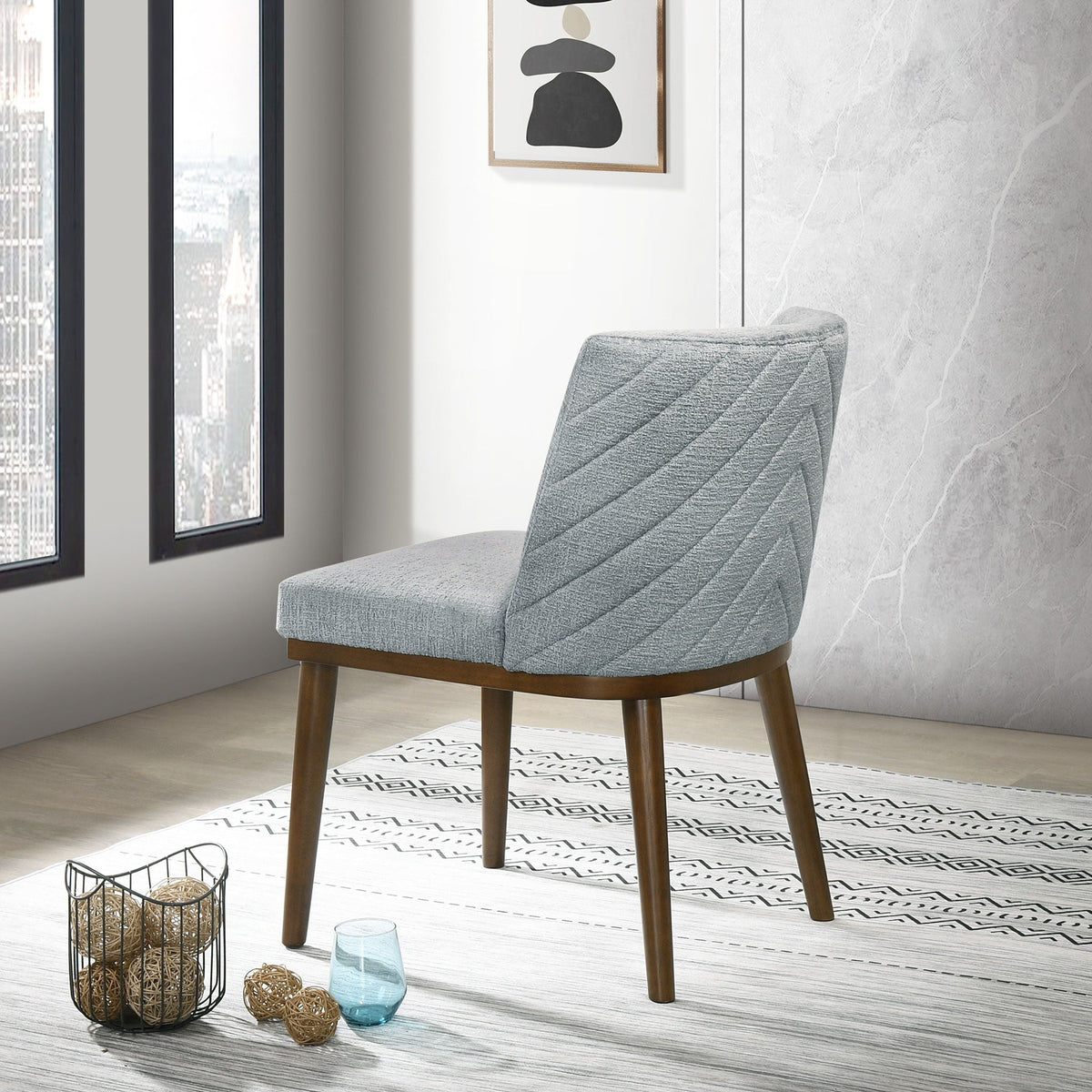 Mid-Century dining chairs set of 2 with light gray fabric upholstery and solid wood legs on Tampa Home & Garden Store