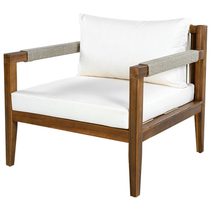 3 Piece Outdoor Sectional Sofa Set white cushions with beige woven armrests on wood frame on Tampa Home & Garden Store