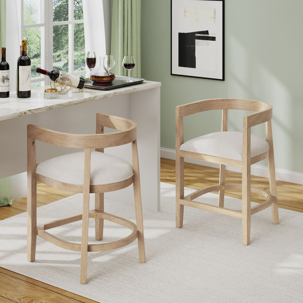Modern rubberwood counter stool set of 2 with upholstered beige seats on Tampa Home & Garden Store