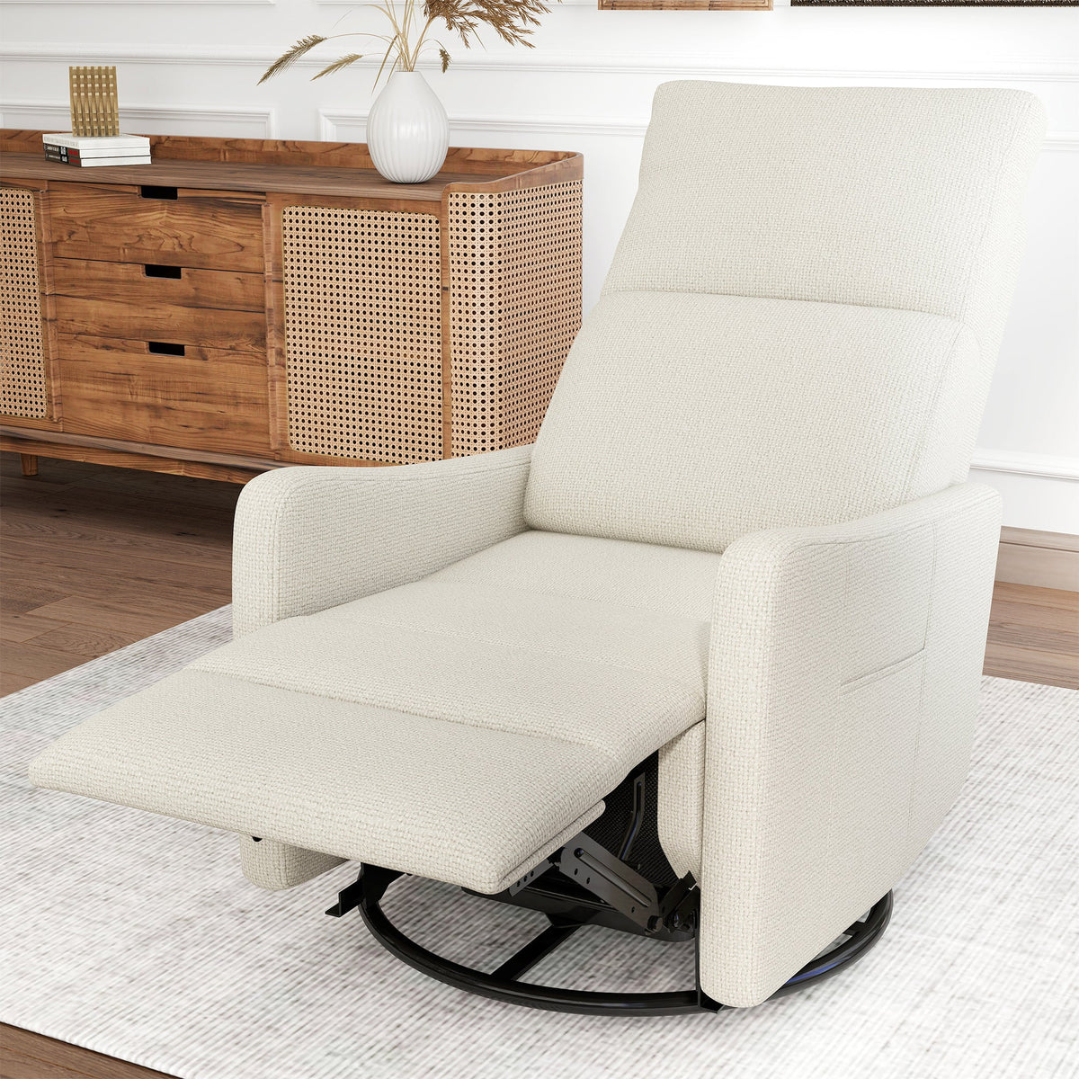 Manual Swivel Rocker Recliner Chair by HouseOfZazla beige fabric with black base by cane cabinet on Tampa Home & Garden Store