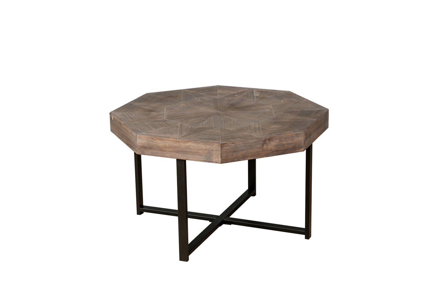 Wood octagonal patchwork coffee table with brown top and black metal legs HouseOfZazla on Tampa Home & Garden Store
