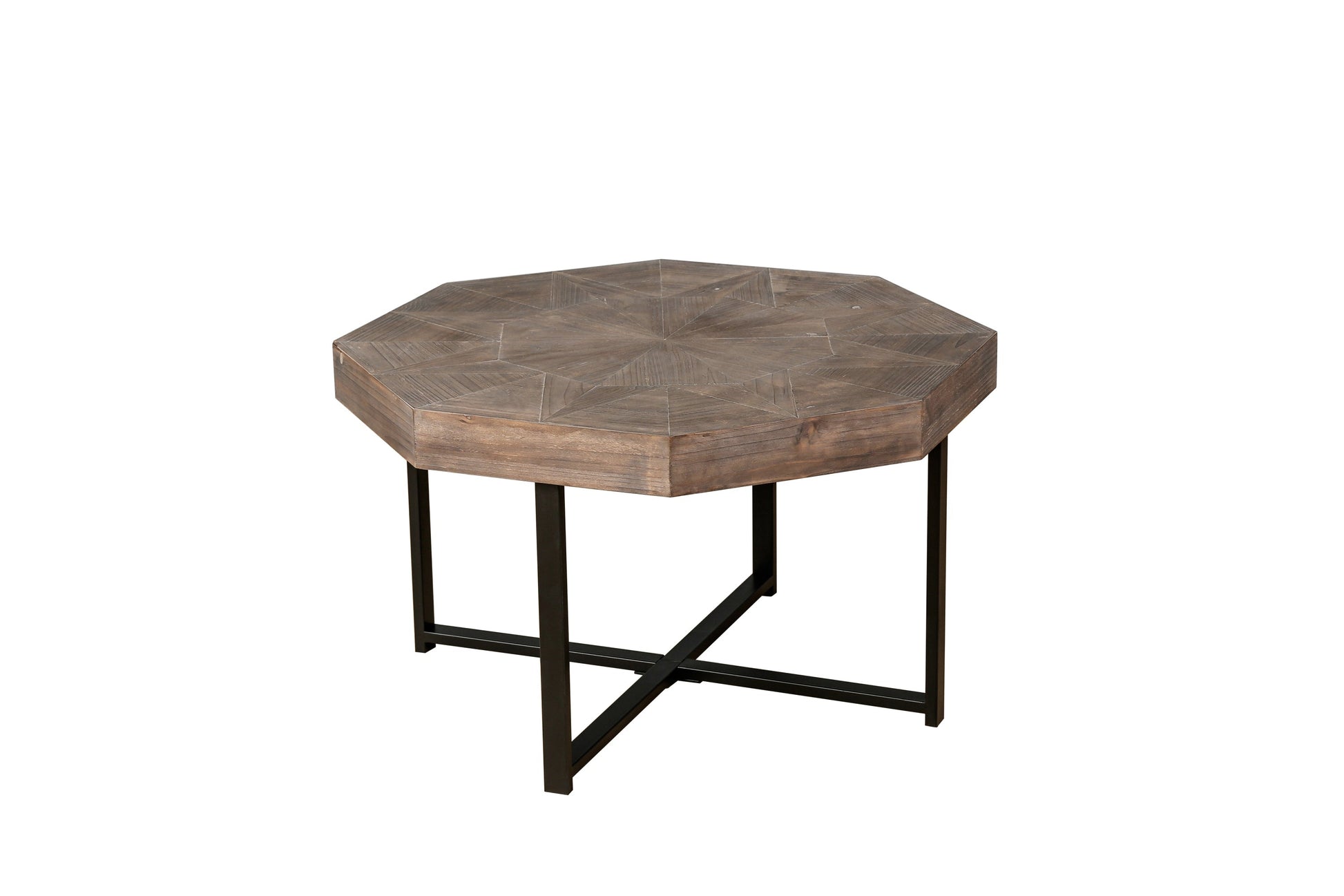 Wood octagonal patchwork coffee table with brown top and black metal legs HouseOfZazla on Tampa Home & Garden Store