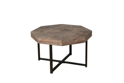 Wood octagonal patchwork coffee table with brown top and black metal legs HouseOfZazla on Tampa Home & Garden Store