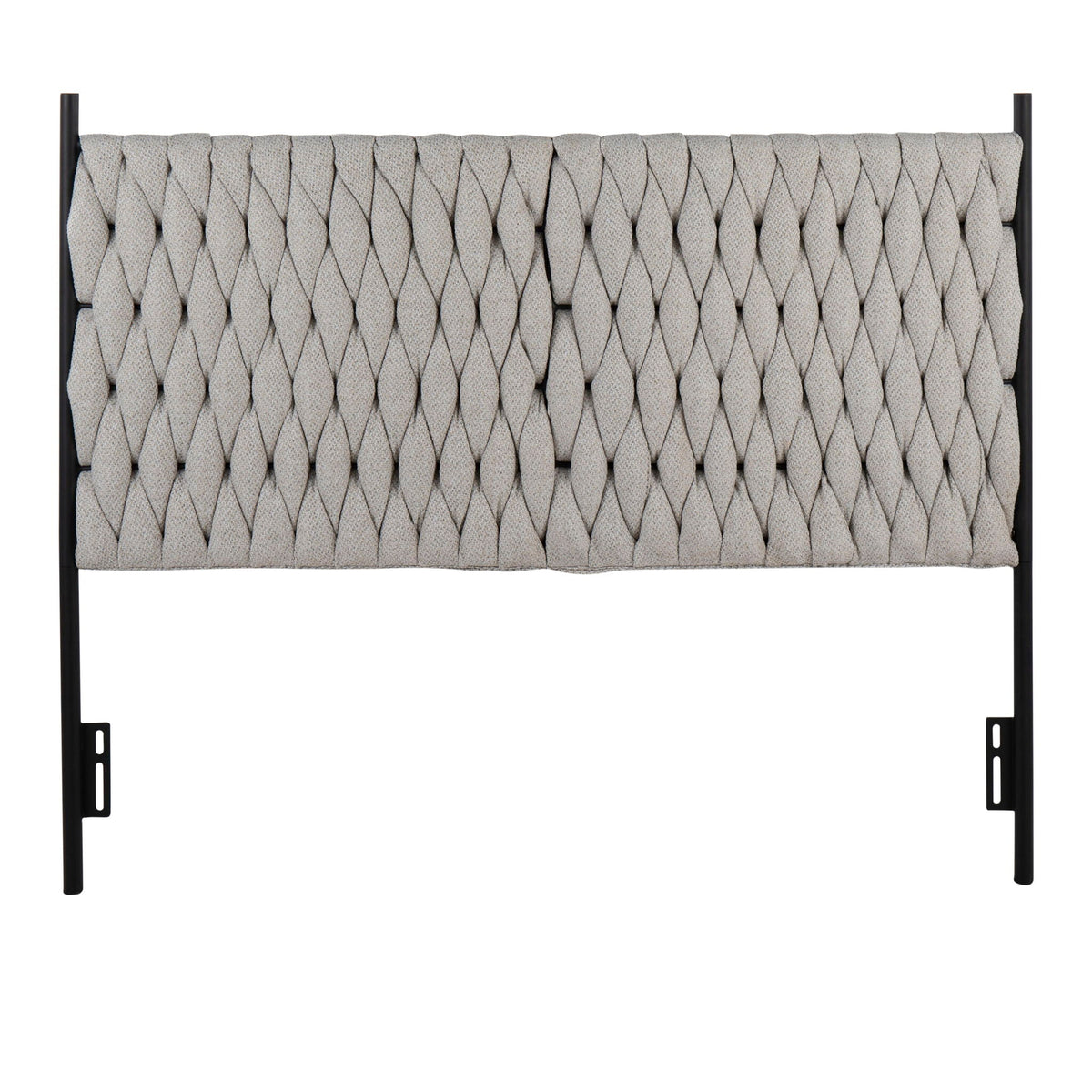 Upholstered headboard braided Matisse pattern in light gray fabric with black metal frame on Tampa Home & Garden Store