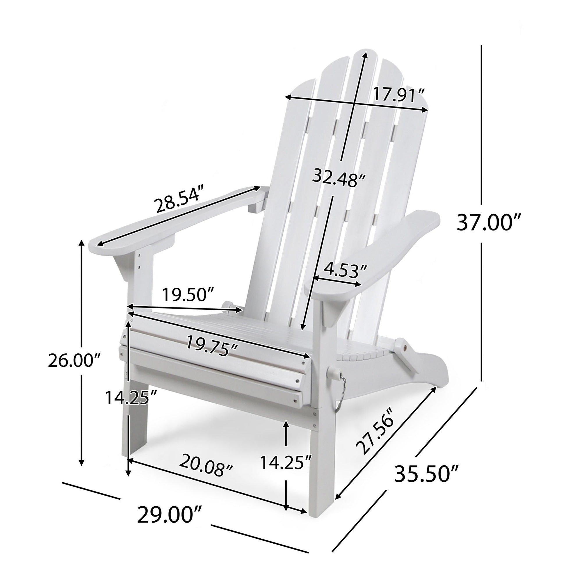 Aurascape Outdoor Acacia Wood Foldable Adirondack Chair by HouseOfZazla with dimension overlays on Tampa Home & Garden Store