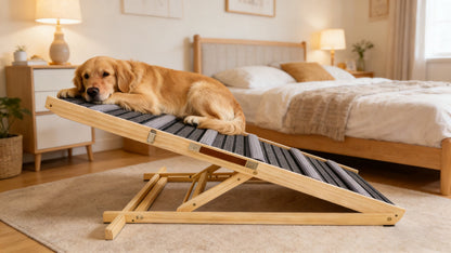 2026 Upgraded Dog Ramp for Couch, wooden frame with striped non-slip pad, adjustable heights on Tampa Home & Garden Store