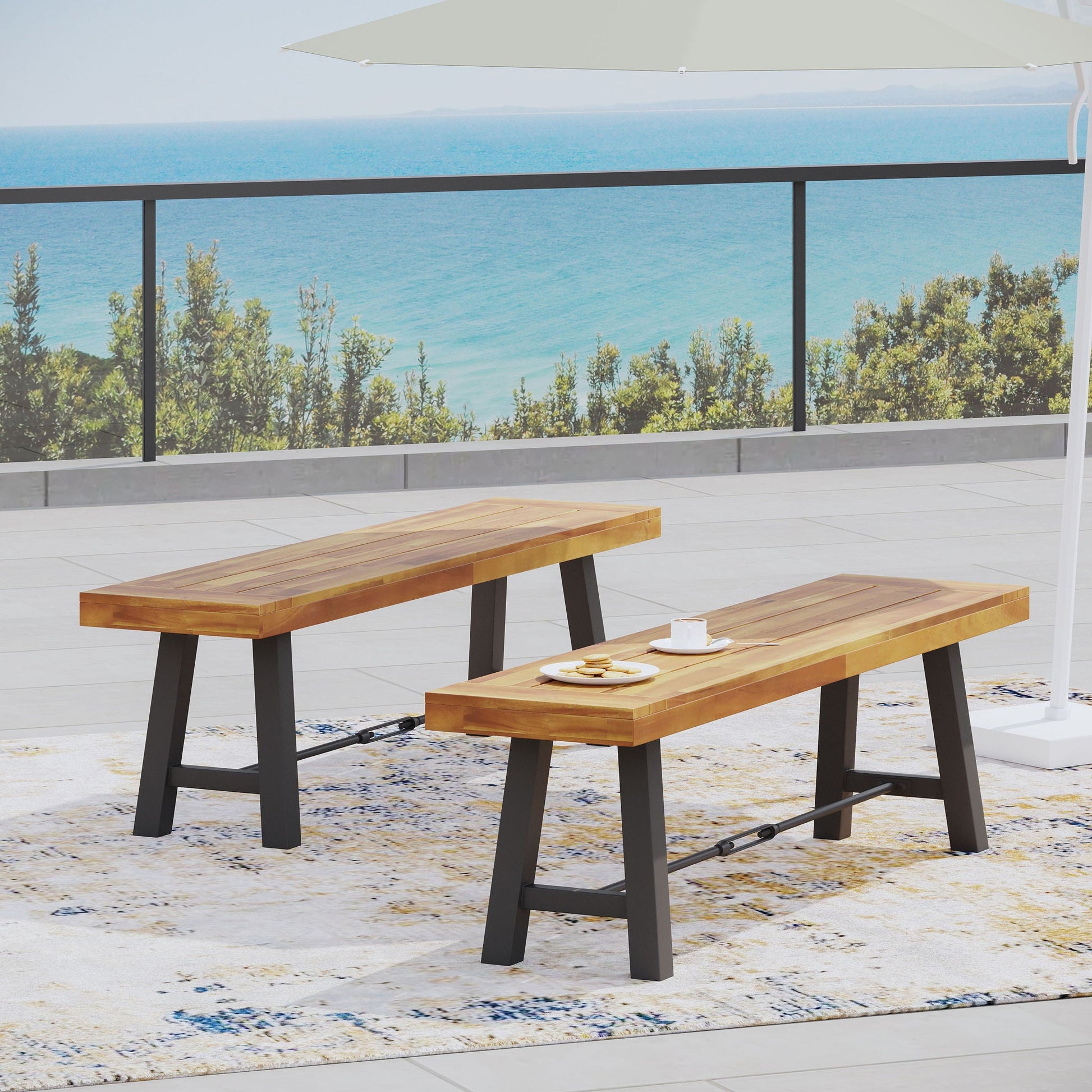 Pair of Catriona teak outdoor benches with slatted seats and dark metal legs HouseOfZazla on Tampa Home & Garden Store