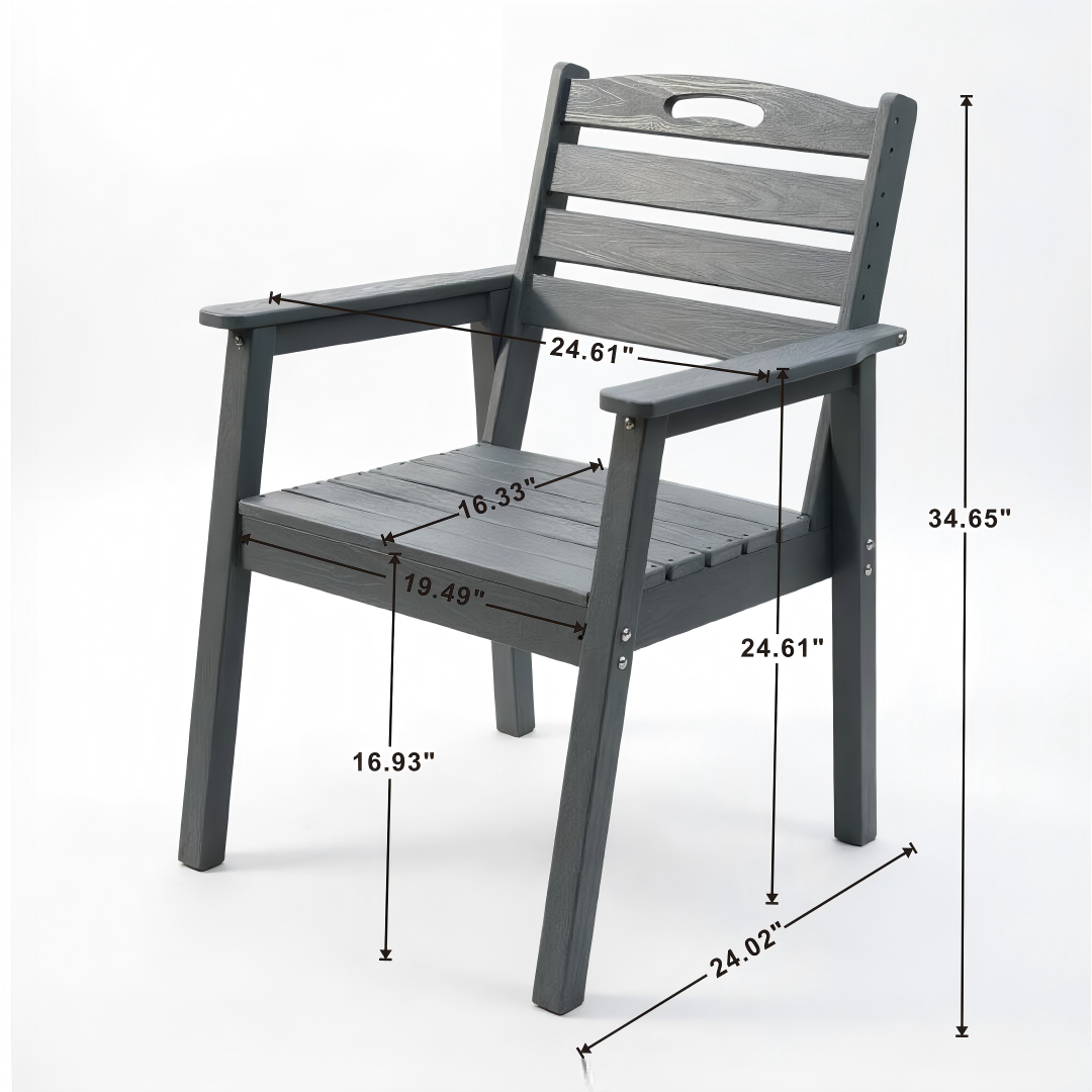 HDPE outdoor patio dining chair in gray with slatted back and armrests on Tampa Home & Garden Store