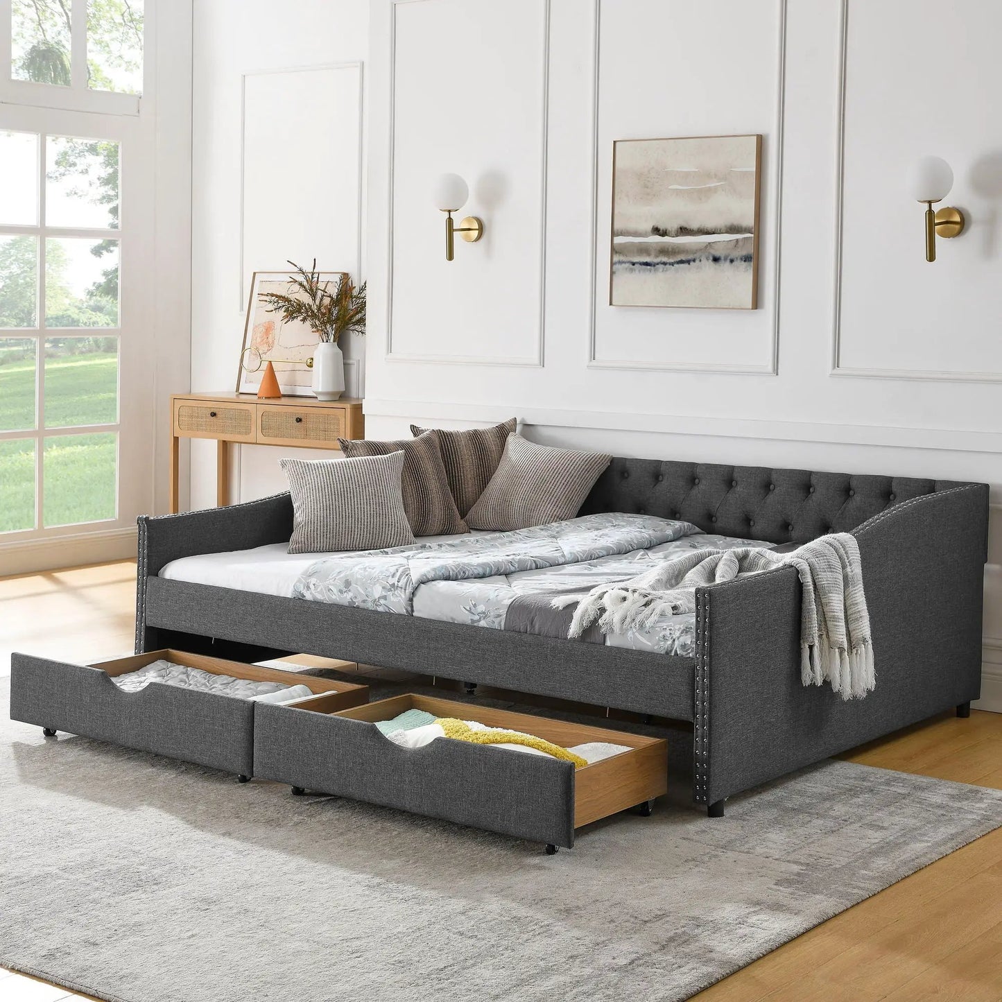 Upholstered tufted daybed with 2 drawers, dark gray fabric and waved arms on Tampa Home & Garden Store