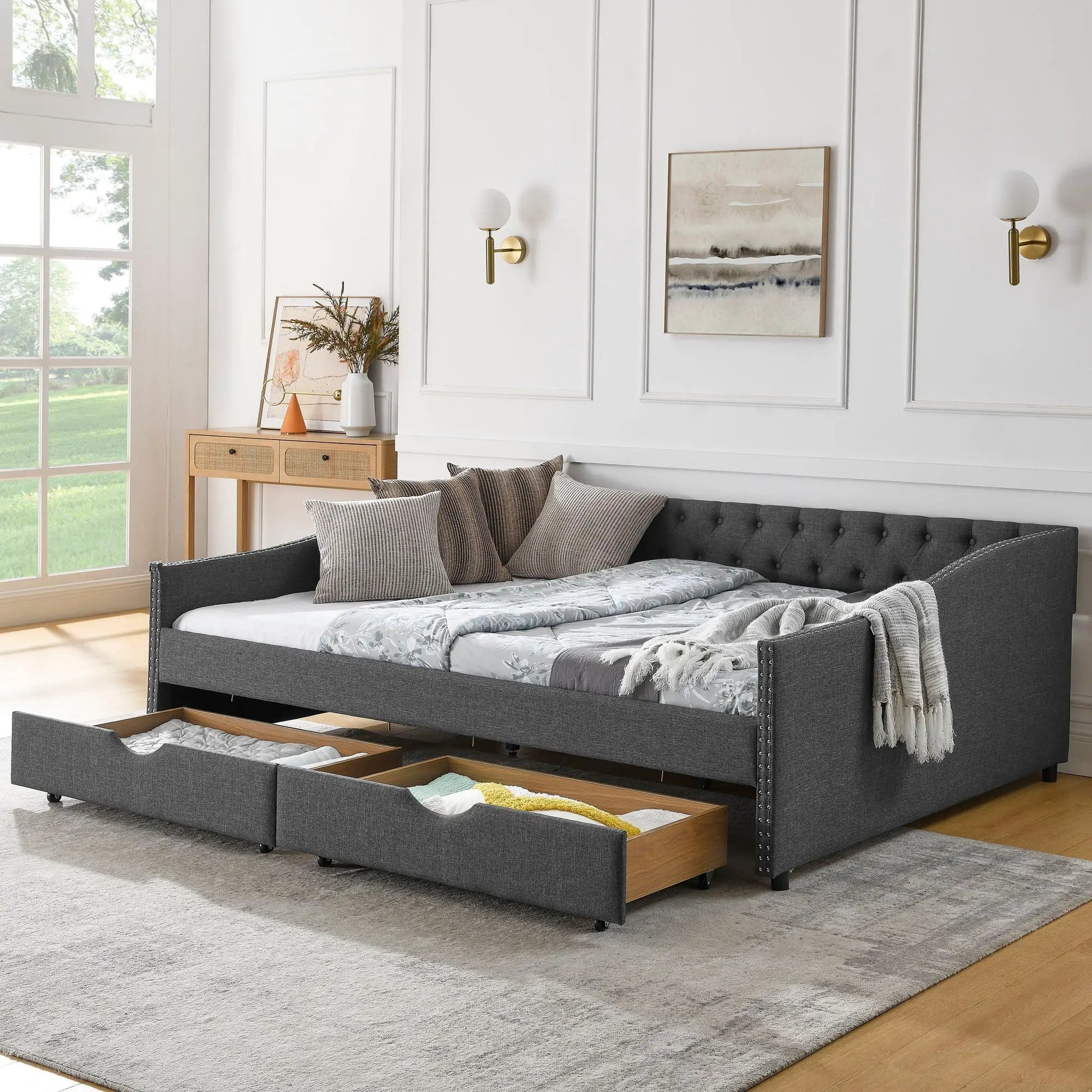 Upholstered tufted daybed with 2 drawers, dark gray fabric and waved arms on Tampa Home & Garden Store