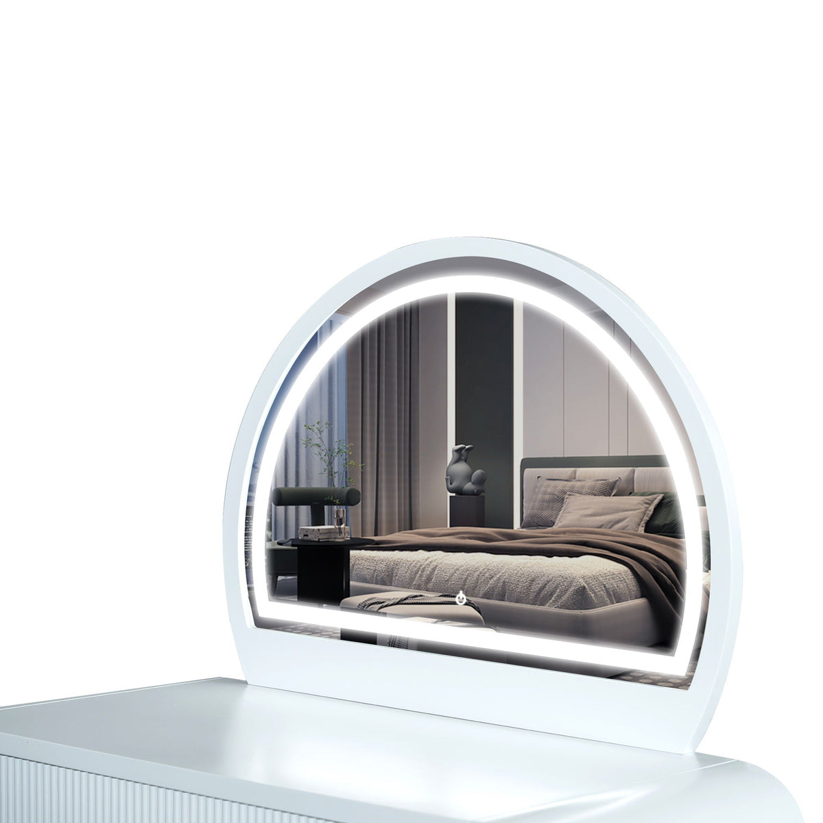Round white makeup vanity mirror with LED ring light in a modern bedroom setup on Tampa Home & Garden Store
