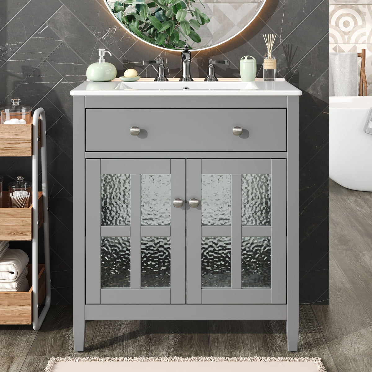 Bathroom vanity with ceramic sink by HouseOfZazla, gray adjustable shelf and tipout tray on Tampa Home & Garden Store