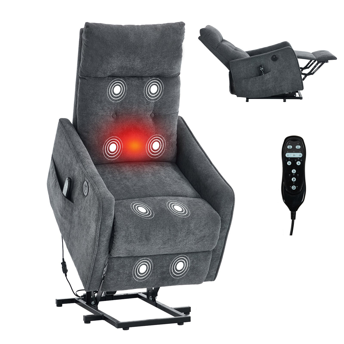 Grey chenille Single Motor Lift Recliner Chair by HouseOfZazla with remote and massage zones on Tampa Home & Garden Store