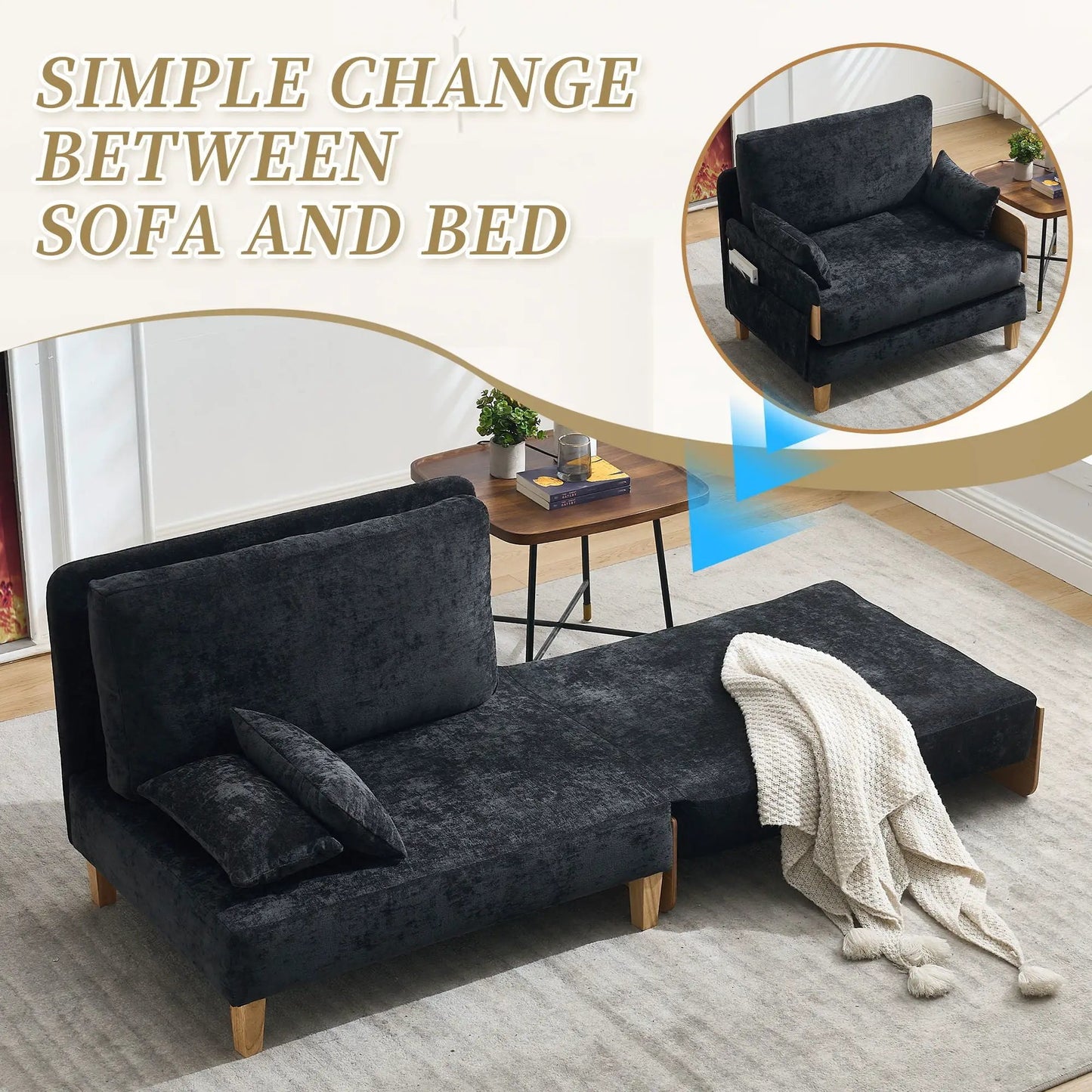 Mid Century Modern Foldable Sofa Bed, 3 Pillows