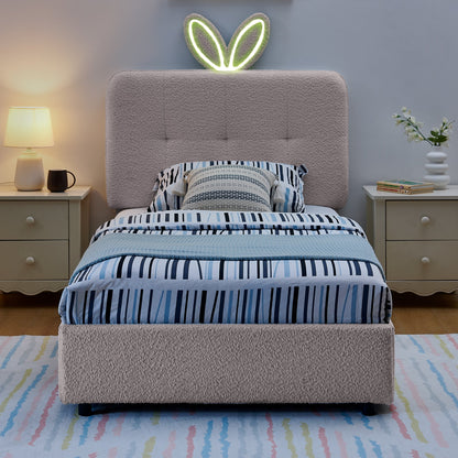 Twin size kids upholstered bed with neon rabbit-ear headboard in taupe fabric by HouseOfZazla on Tampa Home & Garden Store