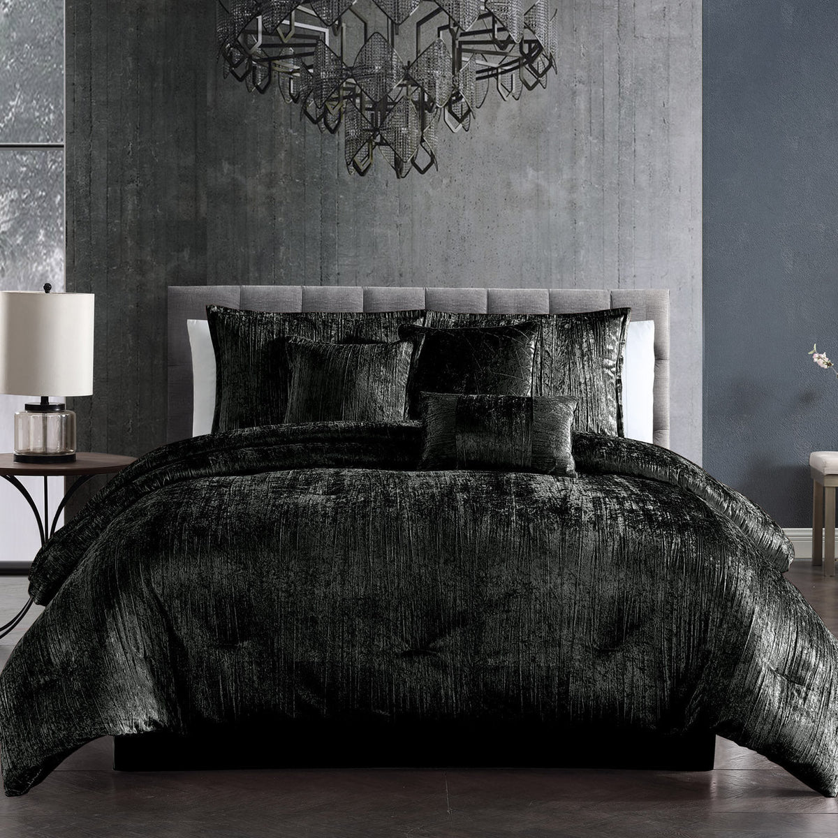 Turin 7 Piece Black Crinkle Velvet Comforter Set by HouseOfZazla on a bed with black velvet comforter and pillows on Tampa Home & Garden Store