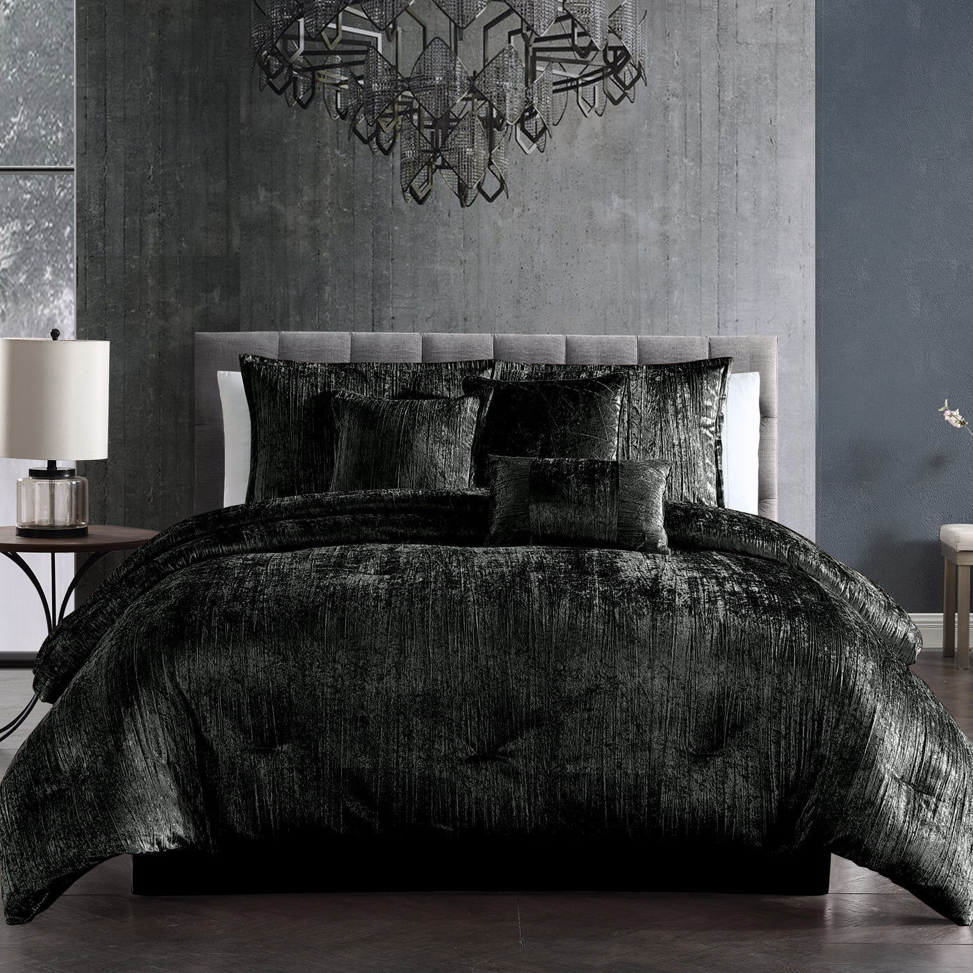 Turin 7 Piece Black Crinkle Velvet Comforter Set by HouseOfZazla on a bed with black velvet comforter and pillows on Tampa Home & Garden Store