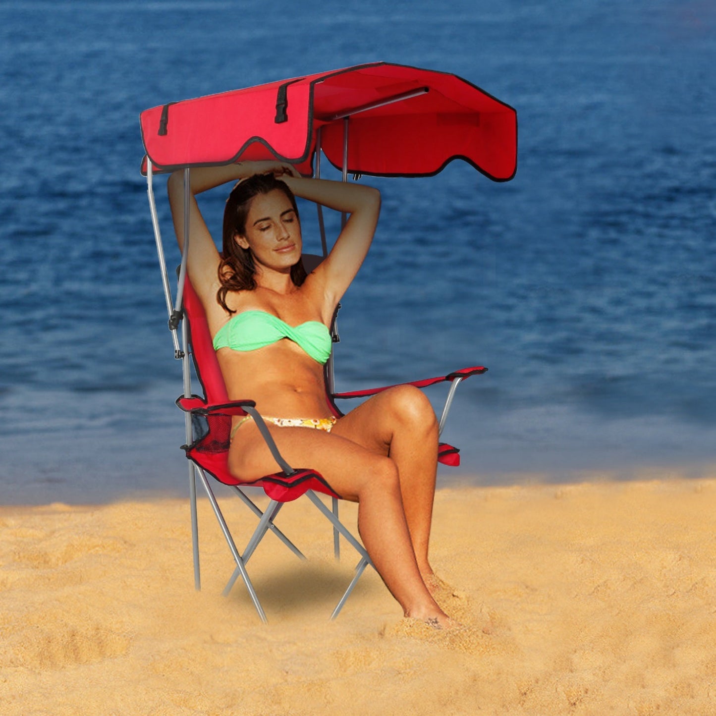 Foldable red canopy beach chair with cup holder for beach and poolside on Tampa Home & Garden Store