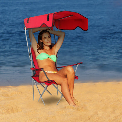 Foldable red canopy beach chair with cup holder for beach and poolside on Tampa Home & Garden Store