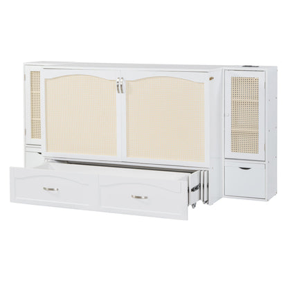 Large Murphy bed wall mounted bed with drawers, 2 storage cabinets, 1 set of sockets and USB ports, white