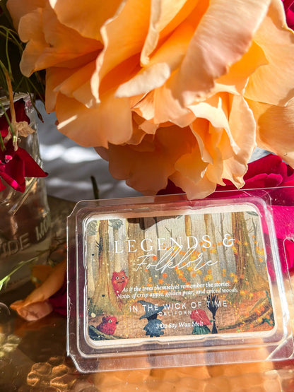Legends & Folklore Wax Melt by In the Wick of Time; peach orange petals on a rustic label on Tampa Home & Garden Store