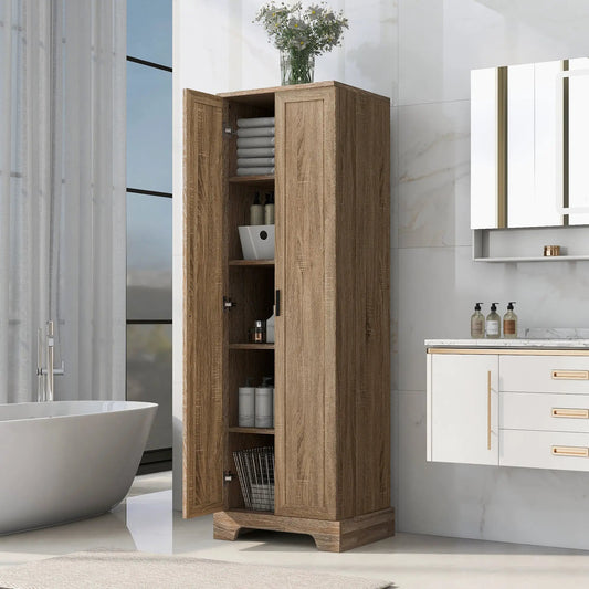 Storage cabinet with 2 doors and adjustable shelves, open to show towels, in oak finish on Tampa Home & Garden Store
