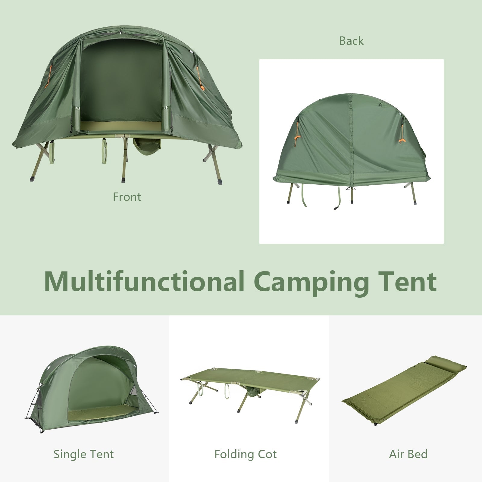 GemGear cot elevated compact tent set with external cover in green, front and back views on Tampa Home & Garden Store