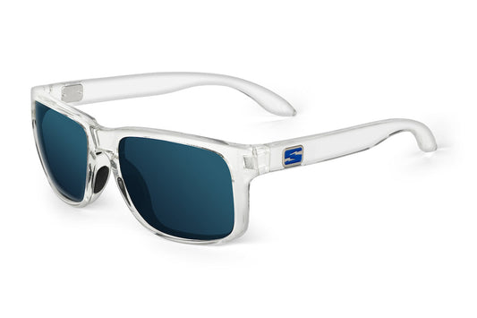 Decoy Arctic Edition sunglasses in clear frame with blue lenses Skeleton Optics logo on Tampa Home & Garden Store