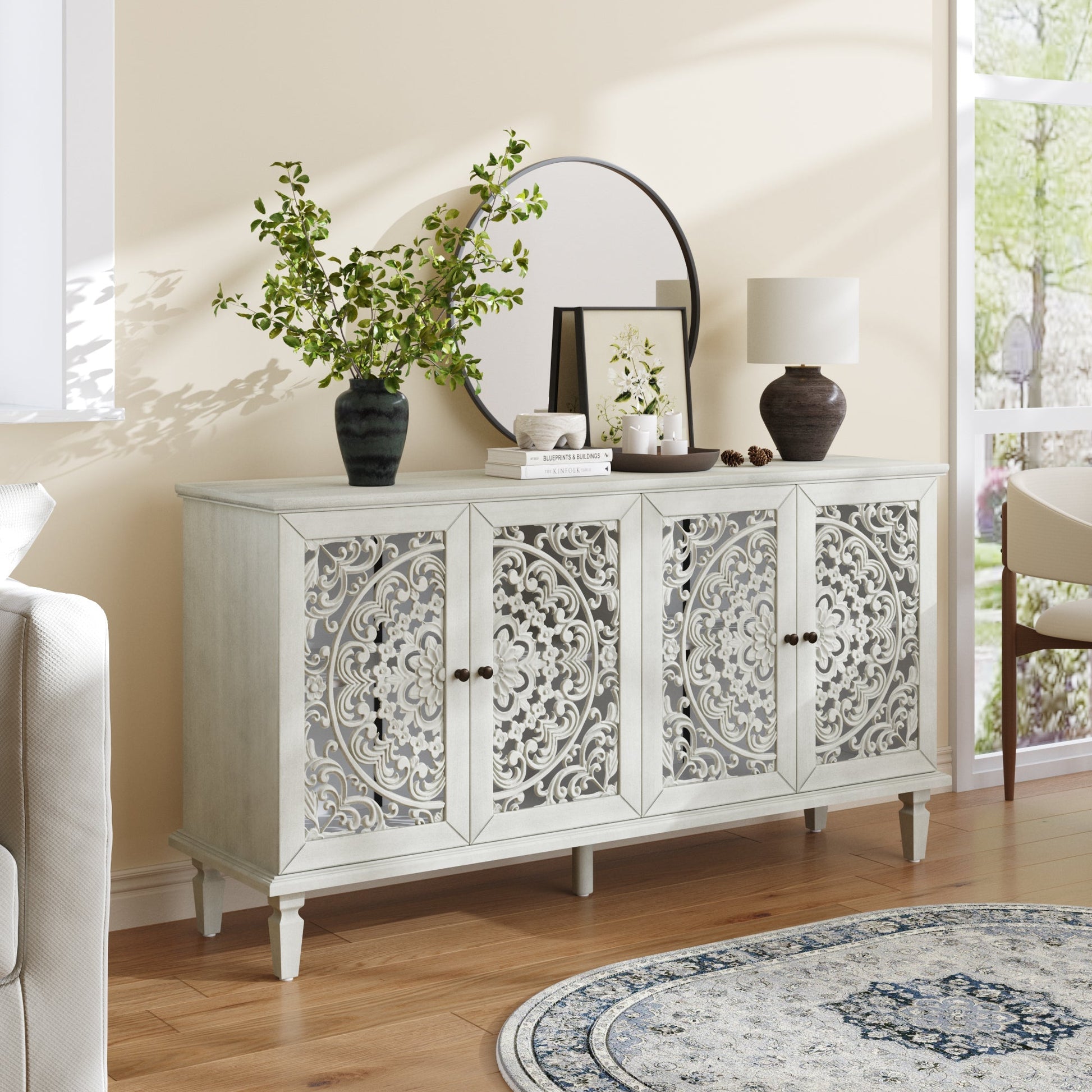 60-inch antique buffet cabinet with floral carvings and solid wood legs on Tampa Home & Garden Store