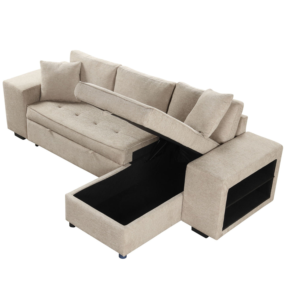 HouseOfZazla beige 3-seat sectional with pull-out sleeper storage chaise and 2 stools on Tampa Home & Garden Store