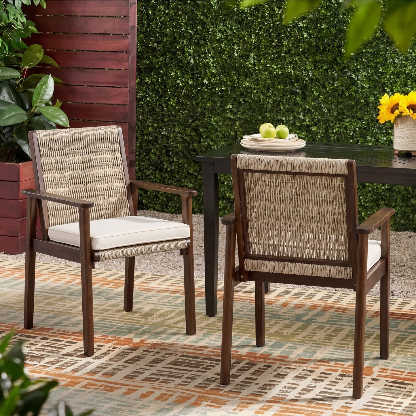Two Outdoor Dining Chairs With Acacia And Wicker