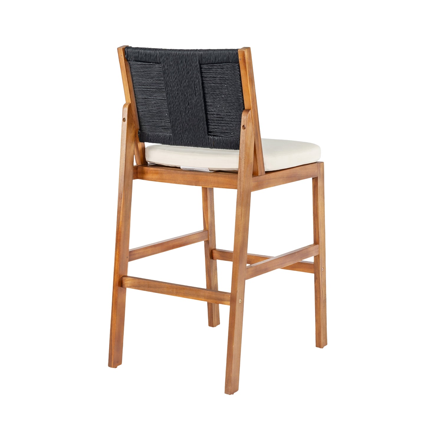 Arly black outdoor bar stool with solid acacia wood frame and woven wicker back, white cushion on Tampa Home & Garden Store