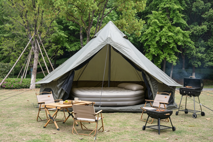 Oxford Bell Tent for Family Camping by HouseOfZazla, cream canvas with circular airbed interior on Tampa Home & Garden Store