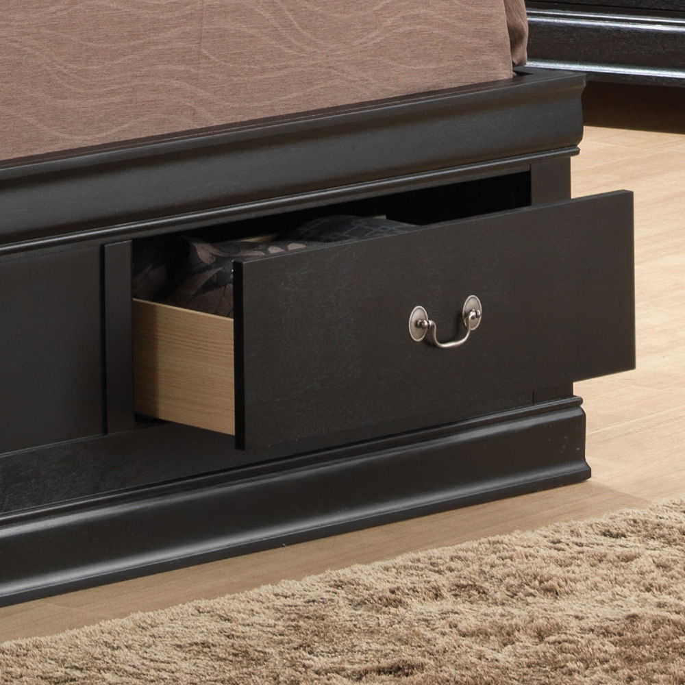 Traditional style black storage bed with an open drawer, metal cup handle, HouseOfZazla on Tampa Home & Garden Store
