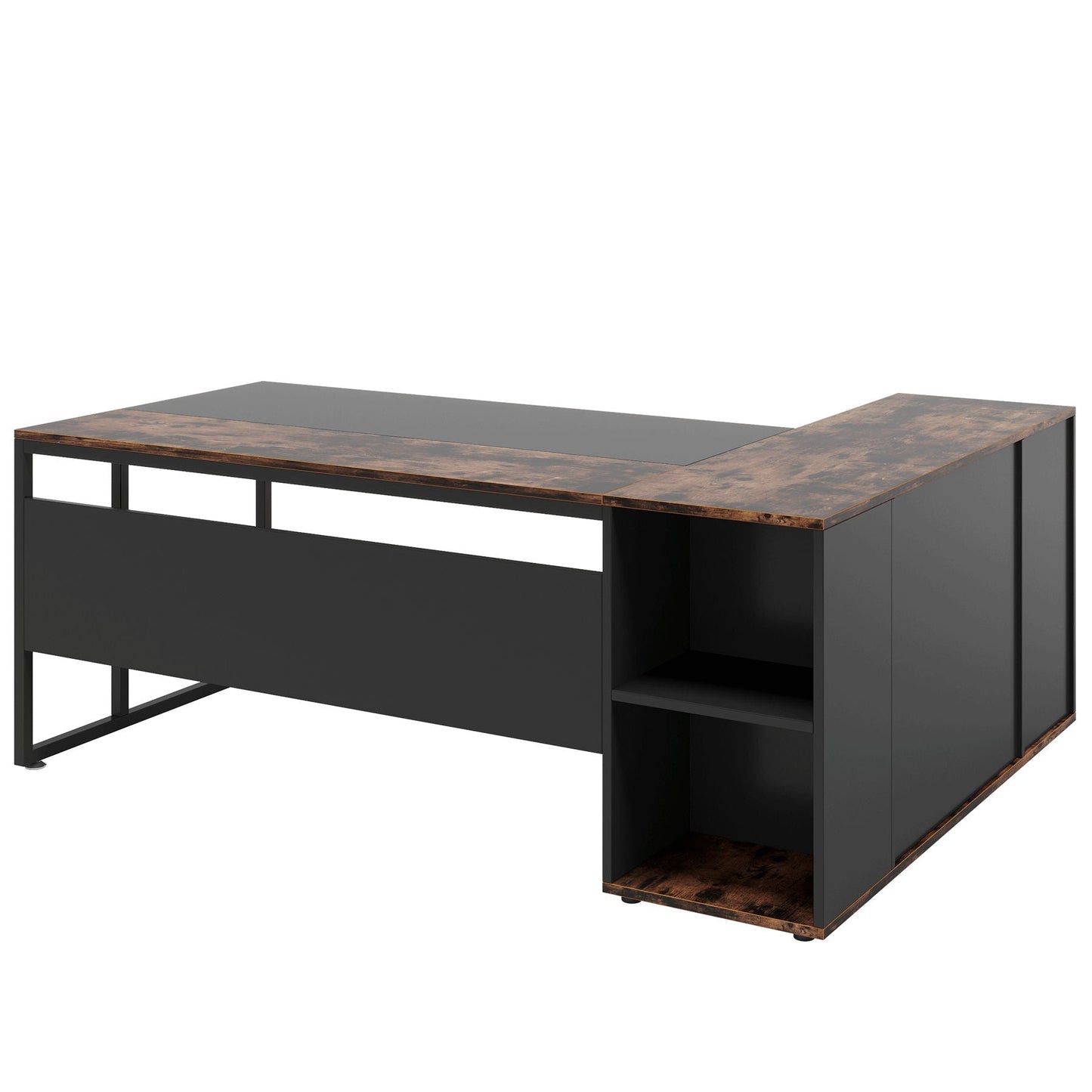 L-shaped executive desk with brown wood top and black frame, storage cabinet and shelves on Tampa Home & Garden Store