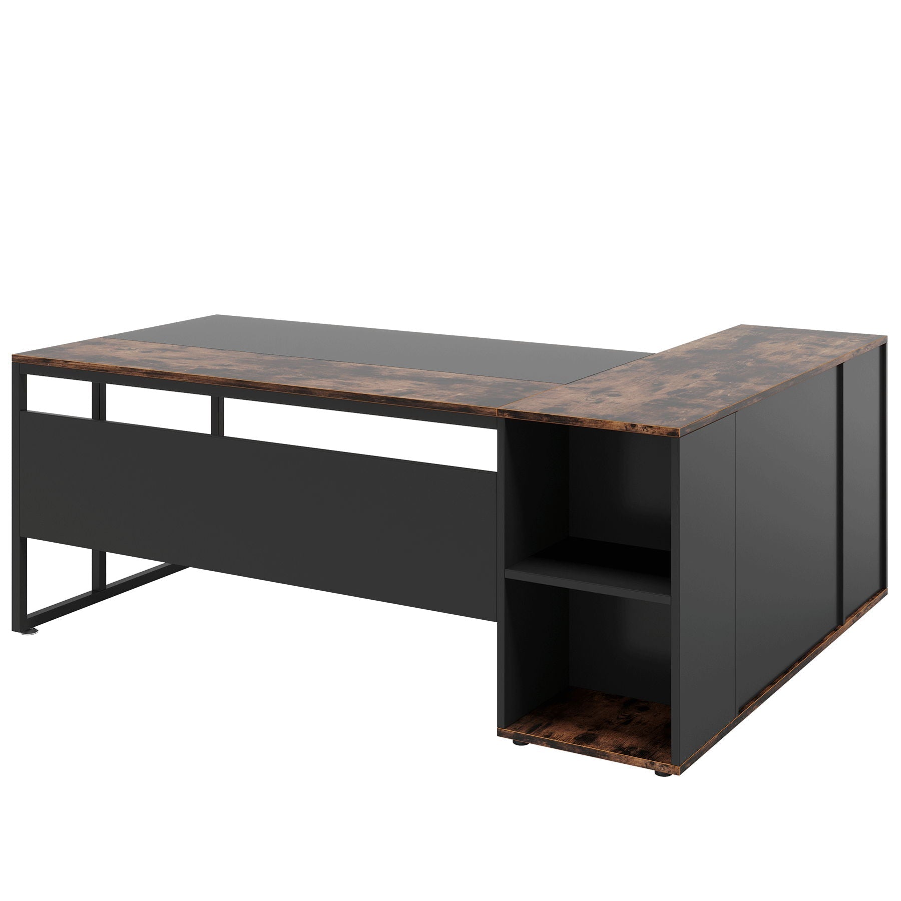L-shaped executive desk with brown wood top and black frame, storage cabinet and shelves on Tampa Home & Garden Store