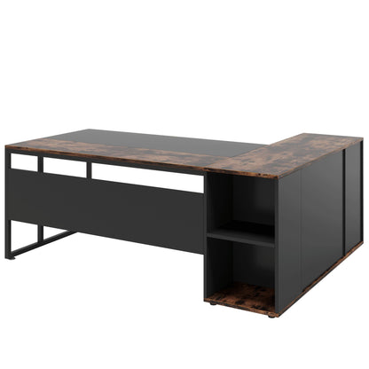 L-shaped executive desk with brown wood top and black frame, storage cabinet and shelves on Tampa Home & Garden Store
