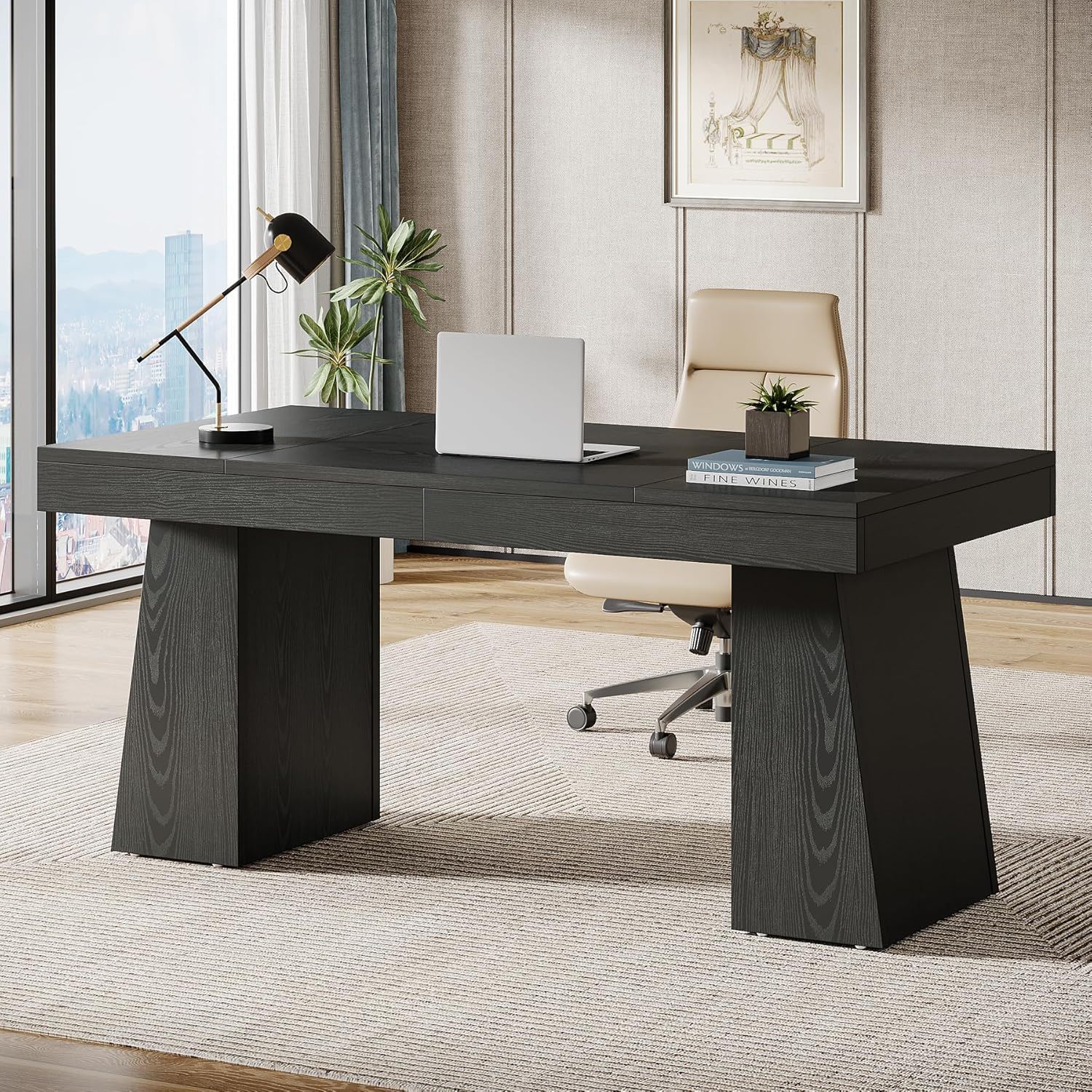 Executive Desk workstation with double trapezoid dark wood base, laptop, lamp, plant, chair on Tampa Home & Garden Store