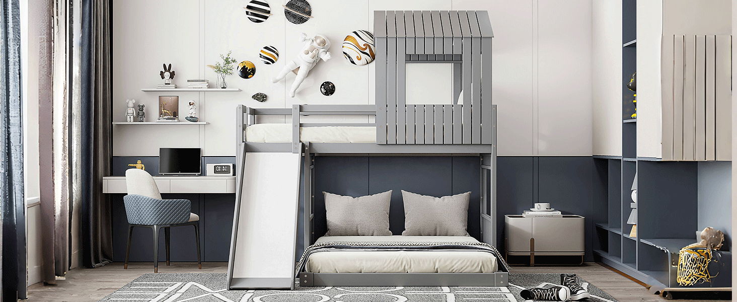 Loft bunk bed with playhouse in gray farmhouse style, ladder and slide by HouseOfZazla on Tampa Home & Garden Store