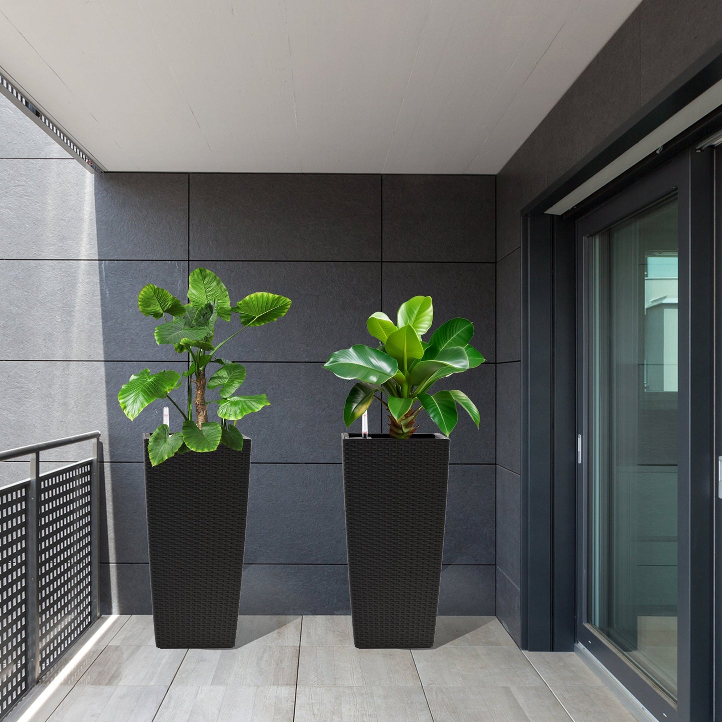 Pack of 2 square planters with automatic watering system in black woven texture HouseOfZazla on Tampa Home & Garden Store