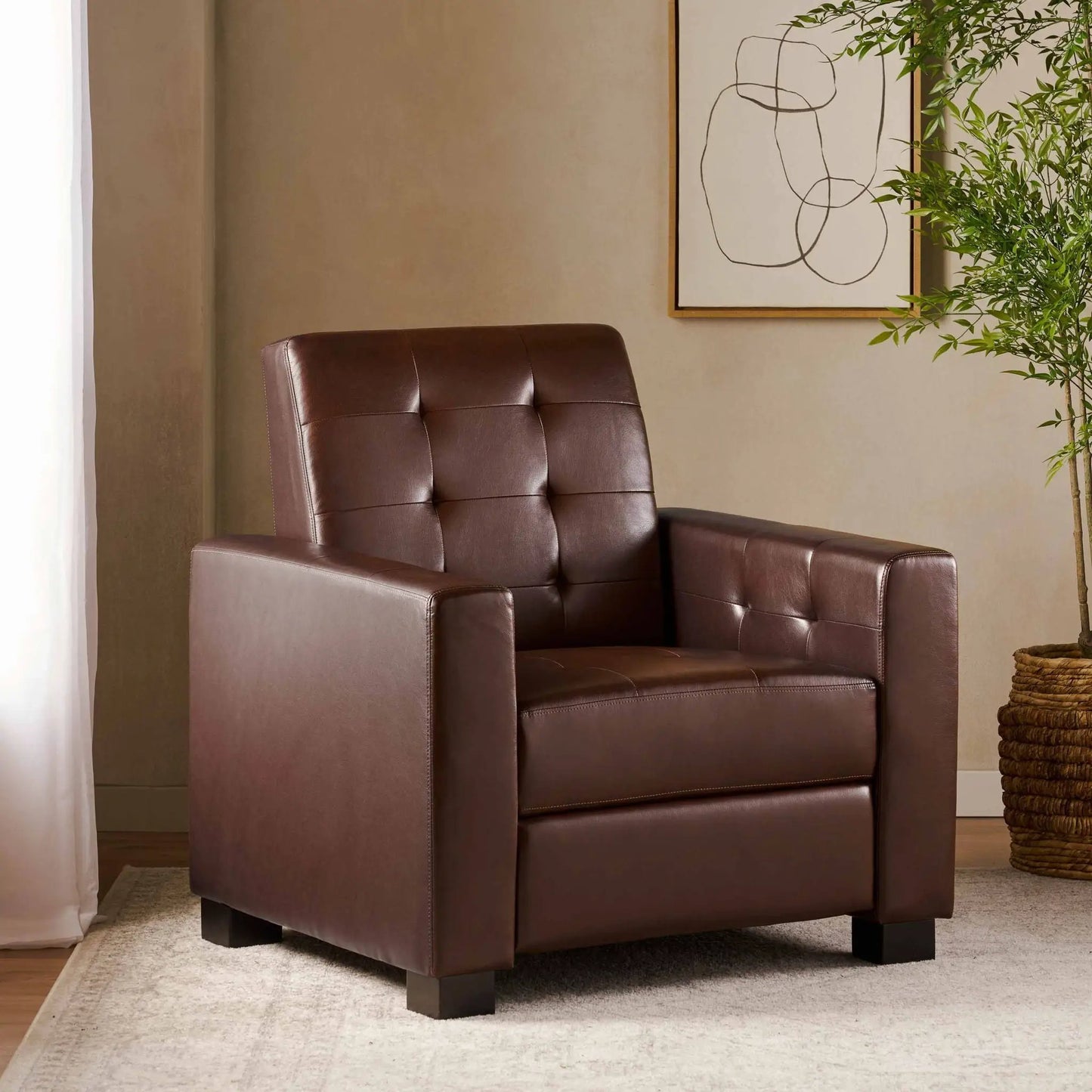 Langseth contemporary tufted pushback recliner in brown leather with black block legs on Tampa Home & Garden Store