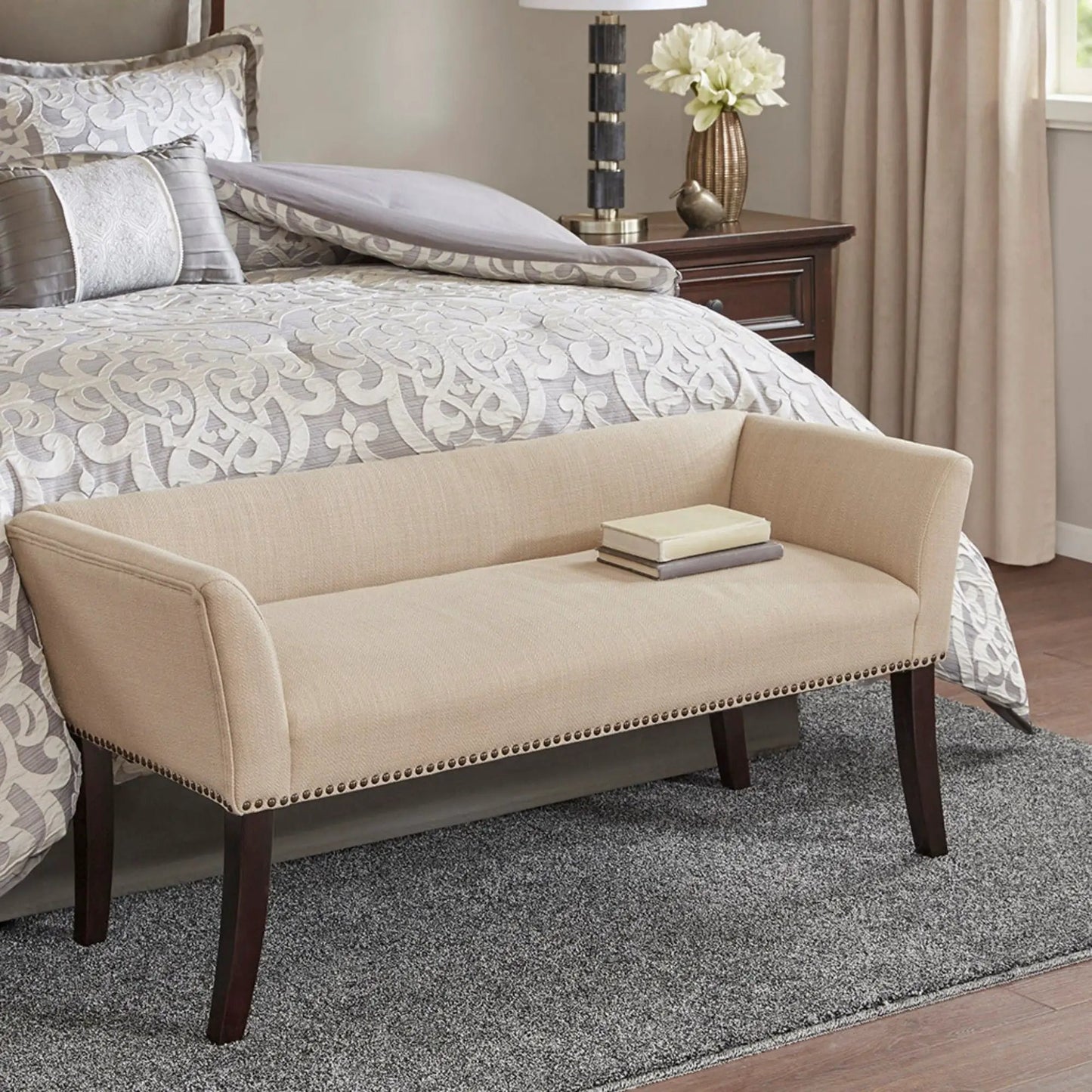 Elegant Bench with Solid Wood Frame Nailhead Trim