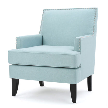 Serenada Upholstered Club Chair with nailhead trim and tapered birch legs in blue fabric on Tampa Home & Garden Store