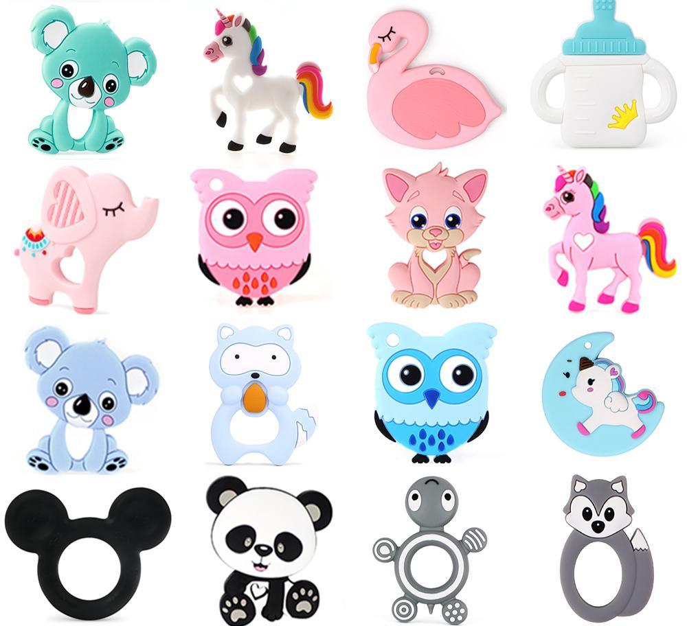 Baby silicone teether set with animal shapes (koala, unicorn, flamingo, elephant, owl, panda) in bright colors on Tampa Home & Garden Store