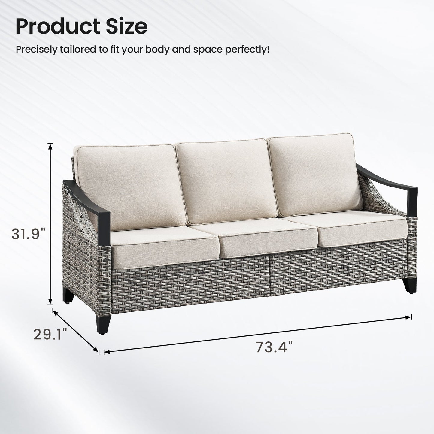 73.4in wide outdoor wicker sofa by HouseOfZazla, beige cushions, three-seat with black arms on Tampa Home & Garden Store