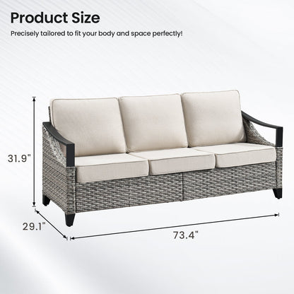 73.4in wide outdoor wicker sofa by HouseOfZazla, beige cushions, three-seat with black arms on Tampa Home & Garden Store