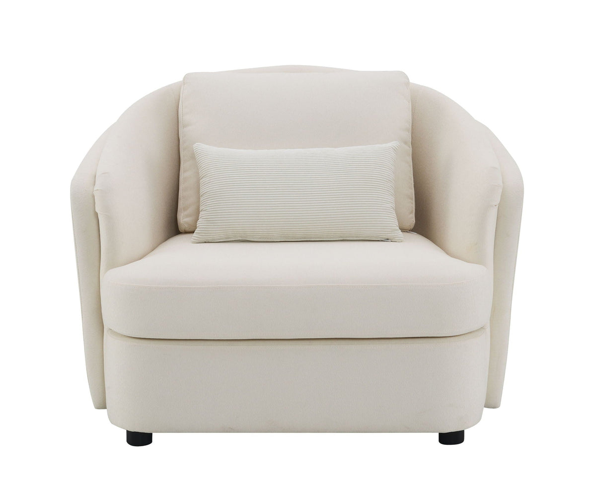 Beige linen arm chair with toss pillow in neutral upholstery on Tampa Home & Garden Store