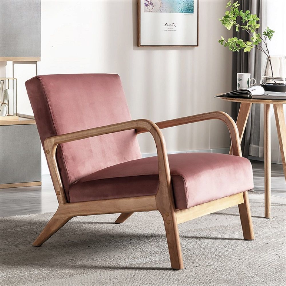 HouseOfZazla pink velvet mid-century modern accent armchair with open wooden frame on Tampa Home & Garden Store