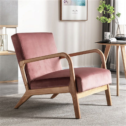HouseOfZazla pink velvet mid-century modern accent armchair with open wooden frame on Tampa Home & Garden Store